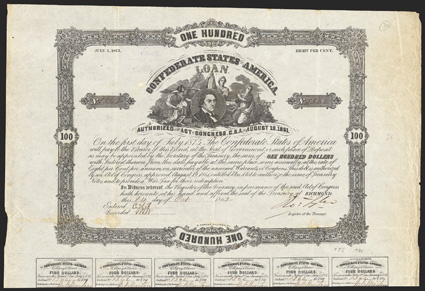 Act of August 19, 1861. $100. Cr. 39, B-92. No. 1362. R.M.T. Hunter, surrounded by three allegorical females. Signed by Tyler. 21 coupons below. B. Duncan. Dutch handstamp on
verso. Edge and fold wear, with discolorations along folds, VF<