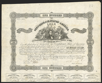 Act of August 19, 1861. $100. Cr. 40, B-96. No. 161. S.R. Mallory surrounded by three allegorical females. Signed by Tyler. 23 coupons below. Edge and fold wear, some
discoloration along one fold, but VF. From The Holger Dreher Collec