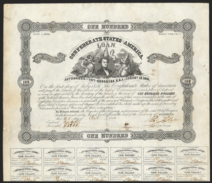 Act of August 19, 1861. $100. Cr. 40, B-97. Trans-Mississippi Bond. No. 1508. As previous, reissued by Houston, Texas depositary - Wood & Power in red ink on the verso. Ball
does not list these issuers for this denomination. Signed by Tyler