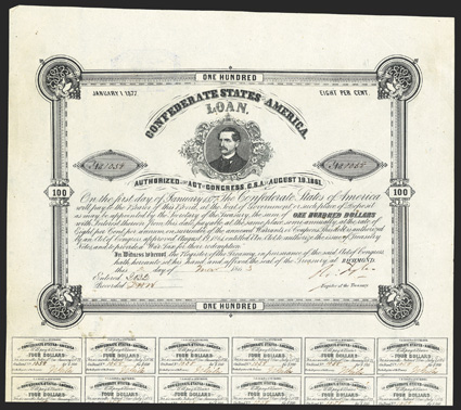 Act of August 19, 1861. $100. Cr. 41, B-102. No.1058. Burton Harrison. Printed on white paper. No engraver printed, probably B. Duncan, according to Dr. Ball. Signed by Tyler.
CSA Bondholders Committee stamp on verso. 24 coupons. Some soi