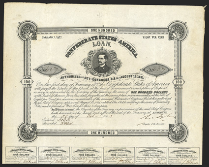 Act of August 19, 1861. $100. Cr. 41, B-102. No. 607. As previous. Signed by Tyler. 24 coupons below. Edge wear, folds, VF. From The Holger Dreher Collection