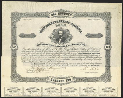 Act of August 19, 1861. $100. Cr. 42, B-107. No. 1010. Portrait of George W. Randolph. Signed by Tyler. 25 coupons below. Fold and edge wear, toning especially at edges, about
VF. From The Holger Dreher Collection