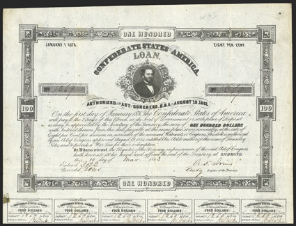 Act of August 19, 1861. $100. Cr. 43, B-112. No. 1269. Judah P. Benjamin, top. With imprint B. Duncan. Signed by Jones. 27 coupons below. Fold and edge wear, toning at edges,
soiling in margins, about VF. From The Holger Dreher Co