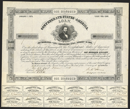 Act of August 19, 1861. $100. Cr. 43A, B-111. No. 761. As previous, without imprint.  Signed by Jones. 27 coupons below. Folds, toning, light soiling in margins, VF. From The
Holger Dreher Collection