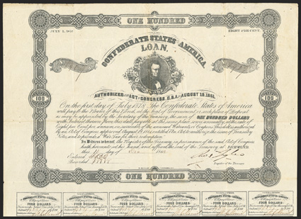 Act of August 19, 1861. $100. Cr. 44. Criswell Plate Bond. B-116. No. 1409. Thomas Bragg at center. Signed by Tyler. 27 coupons below. B. Duncan. Fold wear, soiling along
folds, VF. From The Holger Dreher Collection