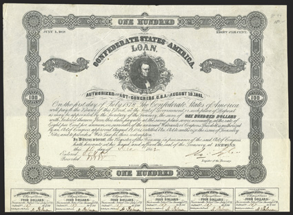 Act of August 19, 1861. $100. Cr. 44, B-116. No. 107. As previous. Signed by Tyler. 27 coupons below. Scant foxing, edge wear, folds, VF. From The Holger Dreher
Collection