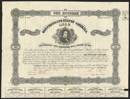 Act of August 19, 1861. $100. Cr. 45, B-119. No. 812. R.M.T. Hunter. Signed by Tyler. Only one coupon missing, and last one is canceled in red ink. Small piece out at right
edge repaired with tape, small tear out along coupon fold, fold and e