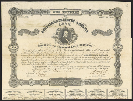 Act of August 19, 1861. $100. Cr. 45, B-119. No. 370. As previous. All coupons present and complete. Signed by Tyler. B. Duncan. Imprint Lafon at bottom. Toned, some
discoloration along a fold, a few spots, but VF. From The Holger