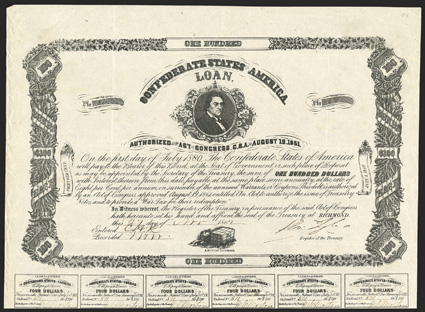 Act of August 19, 1861. $100. Cr. 47, B-125. No. 571. RMT Hunter. Signed by Tyler. 31 coupons below. Folds, some wear at left edge, VF+. From The Holger Dreher
Collection
