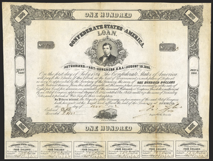 Act of August 19, 1861. $100. Cr. 48, B-133. No. 152. Edward C. Elmore portrait. Dog with safe and key, bottom. Signed by Tyler. 33 coupons below. Toned along folds and edges,
light edge wear, VF. From The Holger Dreher Collection