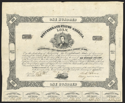 Act of August 19, 1861. $100. Cr. 48, B-133. No. 764. As previous. Signed by Jones. 33 coupons below. Folds, some spotting mostly in large margins, VF. From The Holger Dreher
Collection