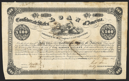 Act of August 19, 1861. $500. Cr. 49, B-31. No. 326. Vignette of Liberty holding a stylized Confederate flag in a shield, surrounded by ships. Signed by Jones. Pen canceled
across face. Age-toned, with show-through from ink on verso, wear at