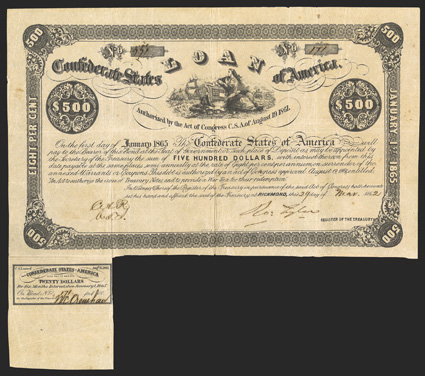Act of August 19, 1861. $500. Cr. 50, B-34. No. 171. Due January 1, 1865. Similar to previous. Signed by Tyler. 1 coupon present below. Evans & Cogswell. Folds, overall toning,
light foxing in margins, about VF. From The Holger Dreher