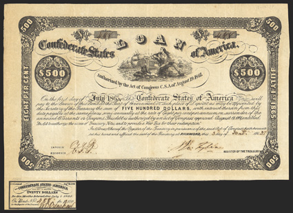 Act of August 19, 1861. $500. Cr. 51, B-37. No. 488. Due July 1, 1865. Similar to previous. Signed by Tyler. One coupon below. Overall toning, folds, VF. From The Holger Dreher
Collection