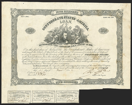 Act of August 19, 1861. $500. Cr. 52, B-40. Serial Number 1. Thomas Bragg. Signed by Tyler. 3 coupons below. Light foxing, folds, edge wear and soiling, about VF. From The
Holger Dreher Collection