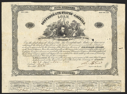 Act of August 19, 1861. $500. Cr. 52, B-40. No. 77. As previous. Signed by Tyler. All coupons complete. toned, soiled, with small holes on right, Fine. From The Holger Dreher
Collection