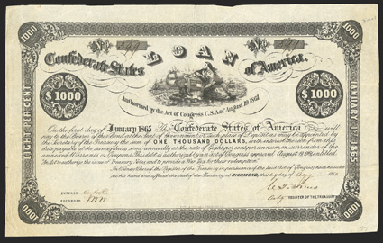 Act of August 19, 1861. $1000. Cr. 77, B-35. No. 399. Due January 1, 1865. As previous. Signed by Jones. Toned, folds, edge wear, VF. From The Holger Dreher
Collection