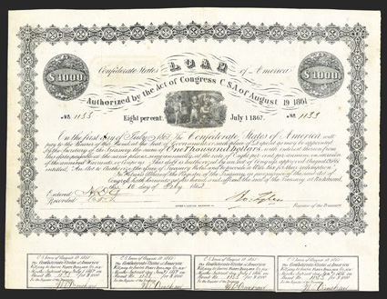 Act of August 19, 1861. $1000. Cr. 81, B-47. No. 1133. Four young boys as Bacchus, Mercury, etc. top center. Printed on white paper. Loose coupon. Signed by Tyler. Hoyer &
Ludwig, Richmond, Va. Scant foxing, soiling on left edge, folds, <