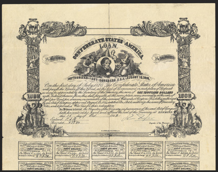 Act of August 19, 1861. $1000. Cr. X-85, B-C62. No. 2040. Jefferson Davis accompanied by three female allegorical figures. Forged Tyler signature, with date and recording
endorsements printed rather than written! Printed on heavy paper. Detail