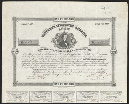 Act of August 19, 1861. $1000. Cr. 86, B-66. No. 468. Jefferson Davis. Signed by Tyler. 13 coupons below. B. Duncan. Folds, some soiling, but a sharp VF. From The Holger Dreher
Collection