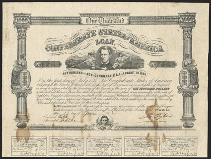 Act of August 19, 1861. $1000. Cr. 87. Criswell Plate Bond. B-69. No. 96. C.G. Memminger portrait supported by Commerce and Agriculture, ships and factories in the distance.
Signed by Tyler. 13 coupons below. Blotches on face, folds, ligh