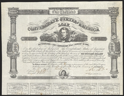 Act of August 19, 1861. $1000. Cr. 87, B-69. No. 715. C.G. Memminger at center, supported by Agriculture and Commerce with ships and factories in the background. Childs head at
bottom. Signed by Tyler. 15 coupons below. B. Duncan. Fold wear,