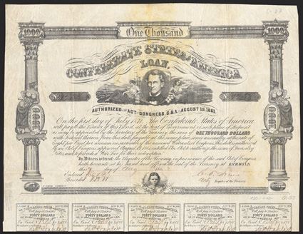 Act of August 19, 1861. $1000. Cr. 87, B-69. No. 1258. As previous. Signed by Jones. 13 coupons below. Overall toning, with extra discoloration along folds, edge and fold wear,
good Fine. From The Holger Dreher Collection
