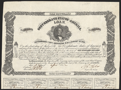 Act of August 19, 1861. $1000. Cr. 88, B-75. No. 1092. C.G. Memminger. Signed by Tyler. 15 coupons below. Imprint Wagner & Co.. Wagner, a Nashville, Tennessee printer, was
picked up by Duncan in November of 1861. Light fold and edge wear,