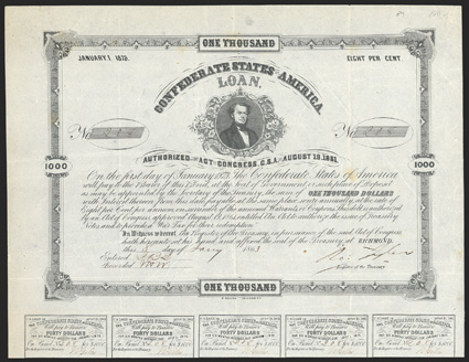 Act of August 19, 1861. $1000. Cr. 89, B-79. No. 208. S.R. Mallory portrait. Signed by Tyler. 17 coupons below. B. Duncan. Folds, scant foxing, staple hole in left margin, good
VF. From The Holger Dreher Collection