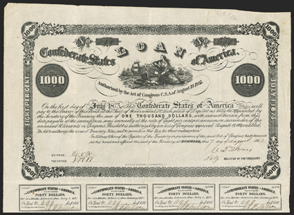 Act of August 19, 1861. $1000. Cr. 90, B-82. No. 699. The Confederacy, with flag on shield and ships in distance. Signed by Jones. 17 coupons below. Evans & Cogswell. Fold and
edge wear, lightly toned, VF. From The Holger Dreher Colle