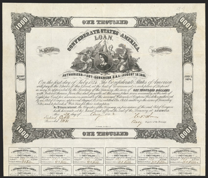 Act of August 19, 1861. $1000. Cr. 91, B-86. No. 121. Portrait of Mrs. Lucy H. Pickens, surrounded by three allegorical females. Signed by Jones. 19 coupons below. B. Duncan.
Light fold and edge wear, a strong VF. From The Holger Dreh