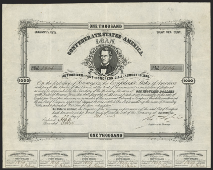 Act of August 19, 1861. $1000. Cr. 92, B-91. No. 1804. C.G. Memminger portrait. Signed by Tyler. 21 coupons below. B. Duncan. Fold and edge wear, good VF. From The Holger
Dreher Collection