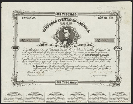 Act of August 19, 1861. $1000. Cr. 92, B-91. No. 1569. As previous. Signed by Tyler. 23 coupons below, missing one. Imprint Argentier  B. Duncan. Argentier - not listed in Dr.
Balls reference. Soiling in right margin, but about 