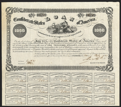 Act of August 19, 1861. $1000. Cr. 93, B-95. No. 1676. The Confederacy, with stylized Confederate flag on shield, ships in the distance. Signed by Tyler. 21 coupons below.
Evans & Cogswell. Edge and fold wear, VF. From The Holger