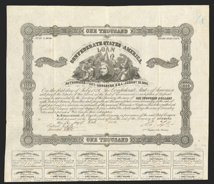 Act of August 19, 1861. $1000. Cr. 94, B-101. No. 1091. Portrait of General Winder, surrounded by three allegorical females. Signed by Tyler. 23 coupons below. B. Duncan. fold
wear, light edge wear, a few spots, VF. From The Holger Dr