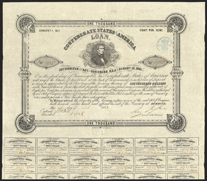 Act of August 19, 1861. $1000. Cr. X-95, B-C106. No. 1925. Jefferson Davis (a rather poor rendering). Forged Tyler signature. Written serial numbers. Fine line detail around
serial number medallion is less distinct than on genuine bond, ink app