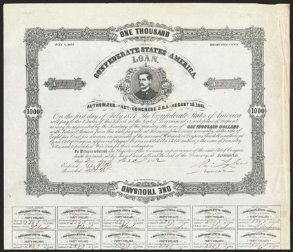 Act of August 19, 1861. $1000. Cr. 96, B-110. No. 2243. Portrait of Burton Harrison. Signed by Tyler. 27 coupons, 3 missing. B. Duncan. Wear along right edge, a strong VF. From
The Holger Dreher Collection