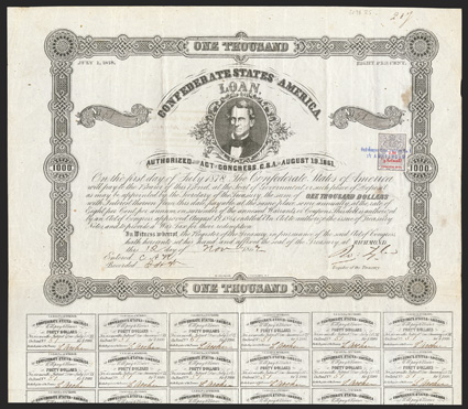 Act of August 19, 1861. $1000. Cr. 98, B-118. No. 51. As previous. Signed by Tyler. 29 coupons below. Dutch revenue stamp right and handstamp on verso. Ink stains on verso,
folds, light edge wear, but VF. From The Holger Dreher Collec