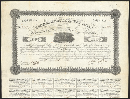 Act of August 19, 1861. $1000. Cr. 99, B-121. No. 2413. As previous. Signed by Tyler. 29 coupons below. Dutch handstamp on verso. Light foxing, folds, minor edge wear, a good
VF. From The Holger Dreher Collection