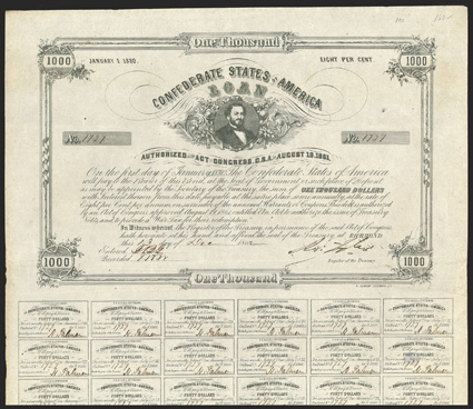 Act of August 19, 1861. $1000. Cr. 100, B-124. No. 1727. As previous. Signed by Tyler. Coupons complete (36). Lightly toned, minor edge soiling and wear, strong VF. From The
Holger Dreher Collection