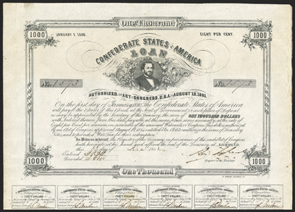 Act of August 19, 1861. $1000. Cr. 100, B-124. No. 1573. Litho by B. Duncan. Signed by Tyler. Complete with all coupons. Light spots, wear and toning at right edge, wear at
bottom edge, but displays well and VF.
