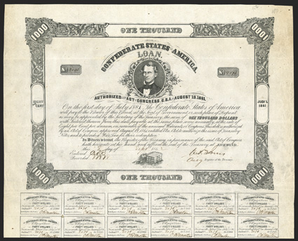 Act of August 19, 1861. $1000. Cr. 102, B-135. No. 2075. As previous. Signed by Jones. 33 coupons below. Light edge wear, toning on verso, a strong VF. From The Holger Dreher
Collection