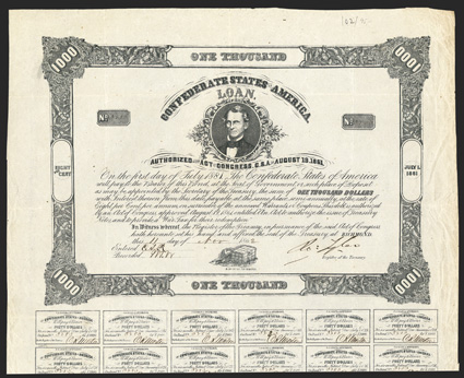 Act of August 19, 1861. $1000. Cr. 102, B-135. No. 3280. As previous. Signed by Tyler. 33 coupons below. B. Duncan. Wear along right edge, fold wear, VF. From The Holger Dreher
Collection