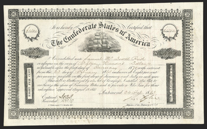 Act of August 19, 1861. $1500. Cr. 103, B-139. No. 491. Due January 1, 1870. Full rigged sailing vessel. Border frame has a square in each corner. Signed by Tyler. J.T.
Paterson. Folds, VF+. From The Holger Dreher Collection