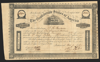 Act of August 19, 1861. $1000. Cr. 104, B-138. No. 1013. Due January 1, 1881. Full rigged sailing ship at center. Border frame has a square in each corner, however, unlike the
Criswell 103, the upper value medallions have a square footing. Ball