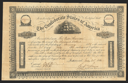Act of August 19, 1861. $1000. Cr. 104, B-138. No. 430. Due January 1, 1881. As previous, except denomination in red ink. Signed by Jones. Fold wear including small holes at
intersections, toned, about VF. From The Holger Dreher Colle