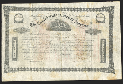 Act of August 19, 1861. $500. Cr. 105, B-140. No. 1291. Due January 1, 1874. Full rigged sailing ship at center. Ornate Lathework border frame. Signed by Tyler. J. T. Paterson.
Well foxed, fold wear, Fine. From The Holger Dreher C
