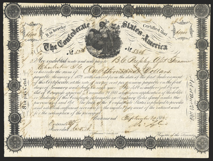 Act of December 24, 1861. $1000. Cr. 107, B-145. No. 5386. Border Variety 3. As previous. Signed by Tyler. Show-through from pen transfer on verso, foxing, edges trimmed into
border, good Fine. From The Holger Dreher Collection