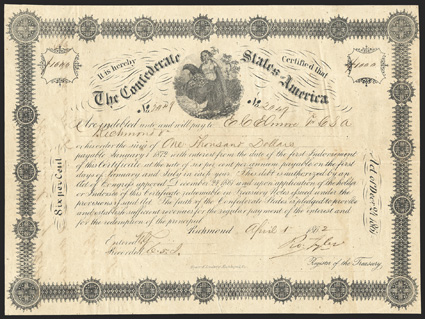 Act of December 24, 1861. $1000. Cr. 108, B-143. No. 2049. Border variety 1. Ceres with cornucopia and caduceus. Issued to and signed on reverse by Elmore. Signed by Tyler.
Hoyer & Ludwig. Creases, good VF. From The Holger Dreher Coll