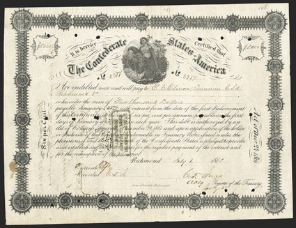Act of December 24, 1861. $5000. Cr. 108, B-143. No. 3317. As previous. Issued to and signed by Elmore on the reverse. Signed by Jones. Stamped Interest Paid at Richmond. Punch
cancels. Stain in left margin, folds, VF. From The Ho